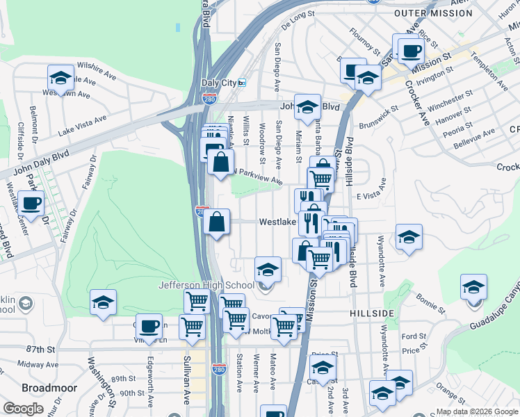map of restaurants, bars, coffee shops, grocery stores, and more near 251 Willits Street in Daly City