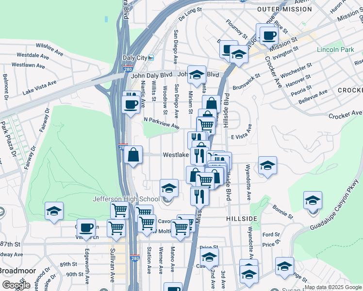 map of restaurants, bars, coffee shops, grocery stores, and more near 562 San Diego Avenue in Daly City