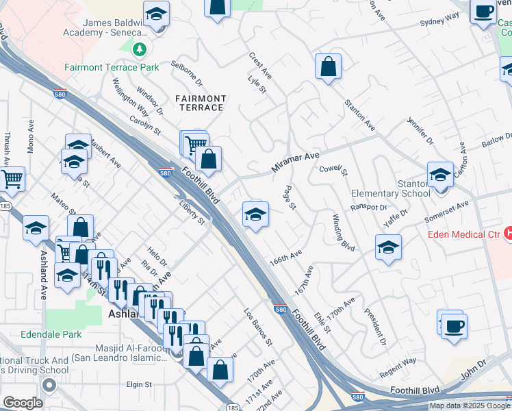 map of restaurants, bars, coffee shops, grocery stores, and more near in Castro Valley