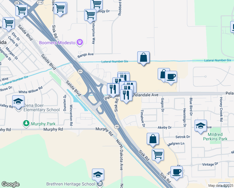 map of restaurants, bars, coffee shops, grocery stores, and more near Sisk Road in Modesto