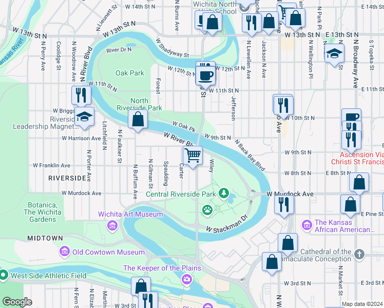 map of restaurants, bars, coffee shops, grocery stores, and more near 935 North Nims Street in Wichita