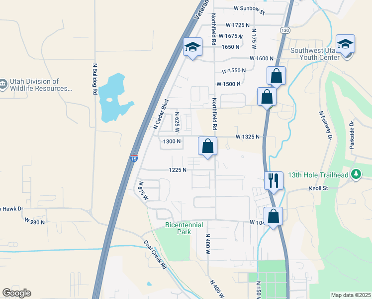 map of restaurants, bars, coffee shops, grocery stores, and more near 1254 North 575 West in Cedar City