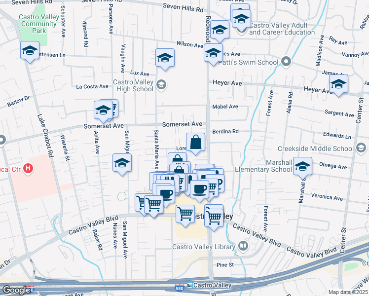 map of restaurants, bars, coffee shops, grocery stores, and more near 3762 Lorena Avenue in Castro Valley