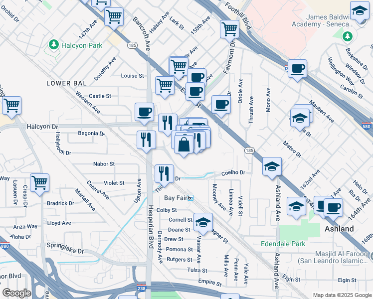 map of restaurants, bars, coffee shops, grocery stores, and more near 15555 East 14th Street in San Leandro