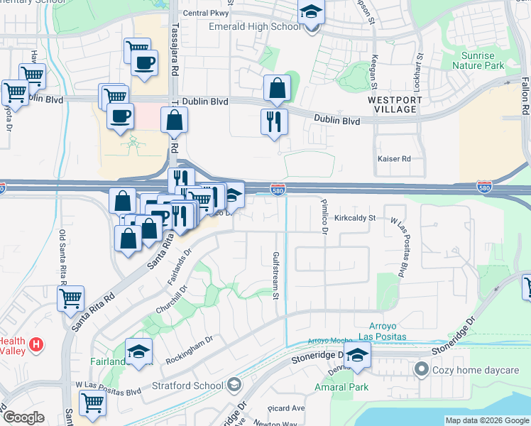 map of restaurants, bars, coffee shops, grocery stores, and more near 3689 Woodbine Way in Pleasanton