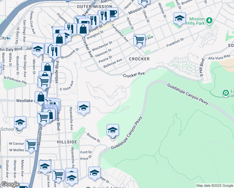 map of restaurants, bars, coffee shops, grocery stores, and more near 671 Pointe Pacific Drive in Daly City