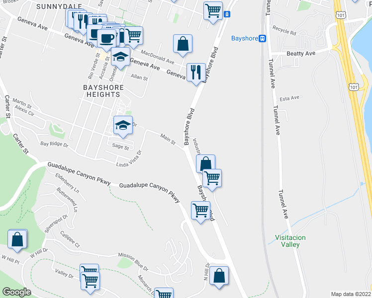 map of restaurants, bars, coffee shops, grocery stores, and more near Bayshore Blvd & Main St in Brisbane