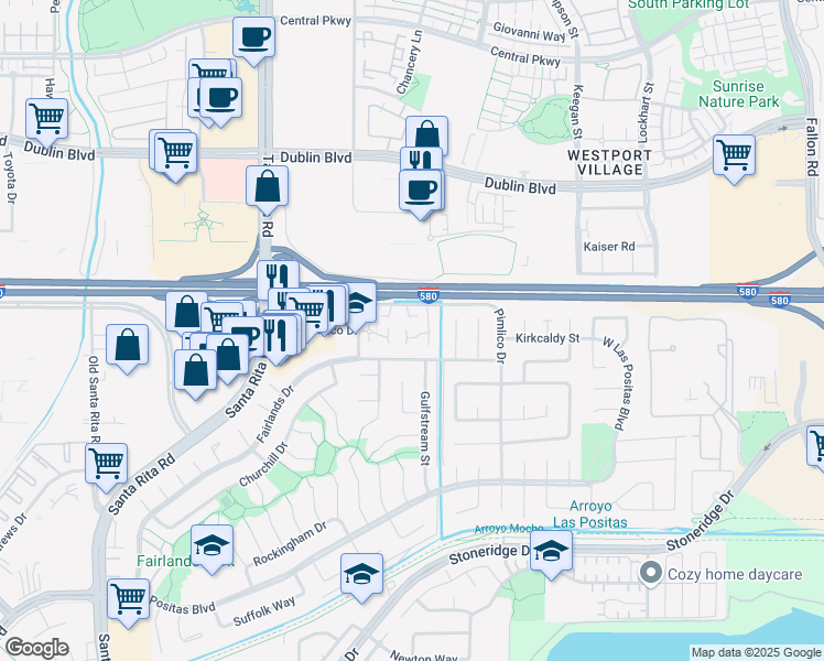 map of restaurants, bars, coffee shops, grocery stores, and more near 3689 Woodbine Way in Pleasanton