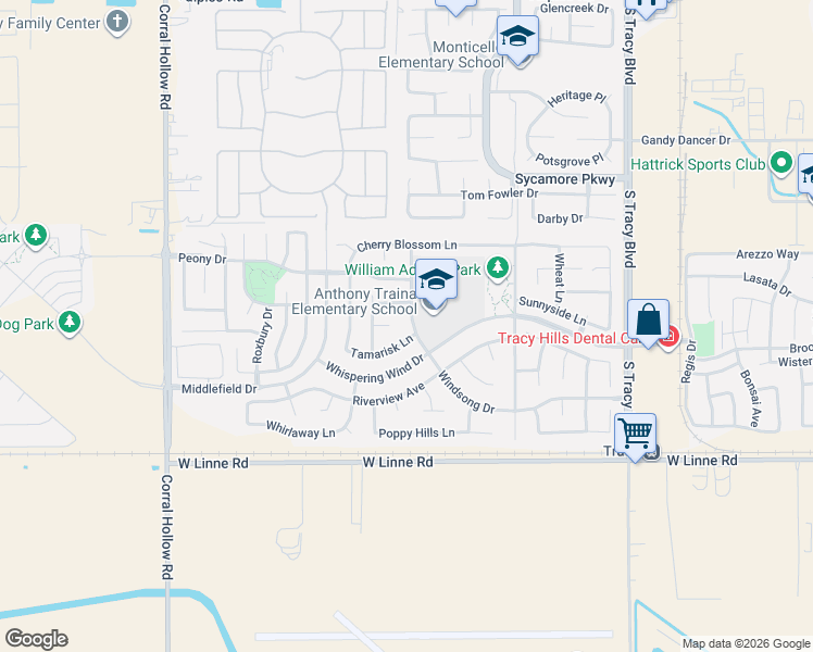 map of restaurants, bars, coffee shops, grocery stores, and more near 1479 Whispering Wind Drive in Tracy