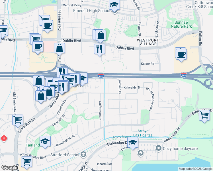 map of restaurants, bars, coffee shops, grocery stores, and more near 3703 Crofters Court in Pleasanton