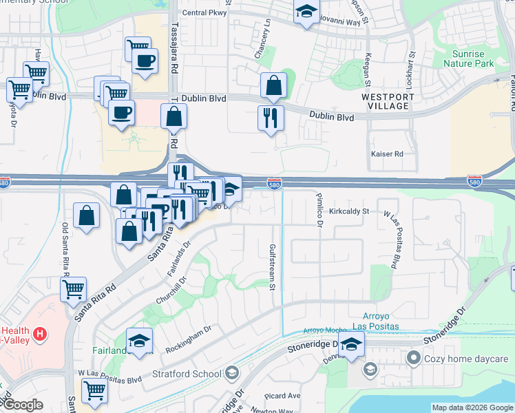 map of restaurants, bars, coffee shops, grocery stores, and more near 3831 Fairlands Drive in Pleasanton