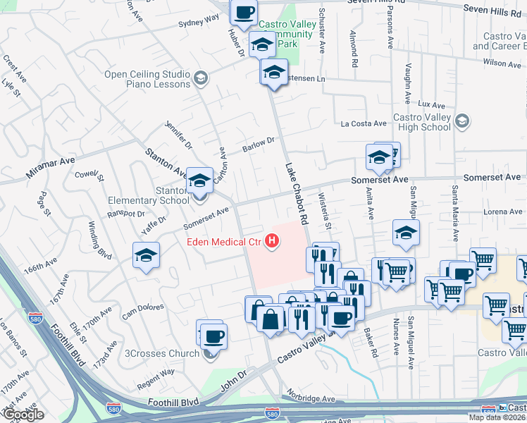 map of restaurants, bars, coffee shops, grocery stores, and more near 19791 Louise Court in Castro Valley