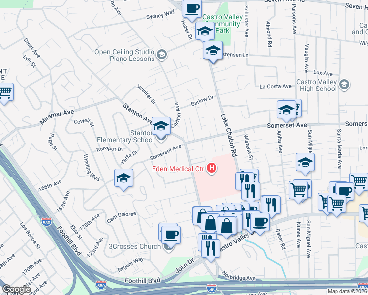 map of restaurants, bars, coffee shops, grocery stores, and more near 19720 Michaels Court in Castro Valley