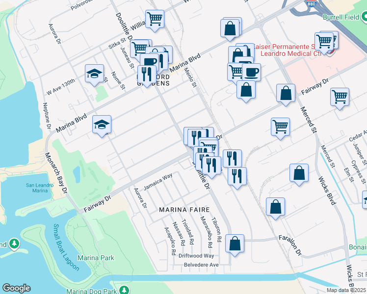 map of restaurants, bars, coffee shops, grocery stores, and more near 2255 Fairway Drive in San Leandro