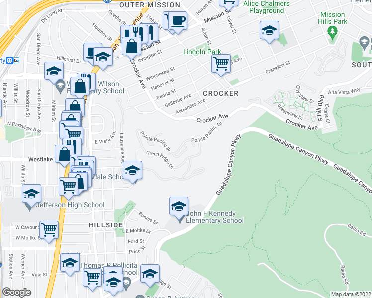 map of restaurants, bars, coffee shops, grocery stores, and more near 671 Pointe Pacific Drive in Daly City