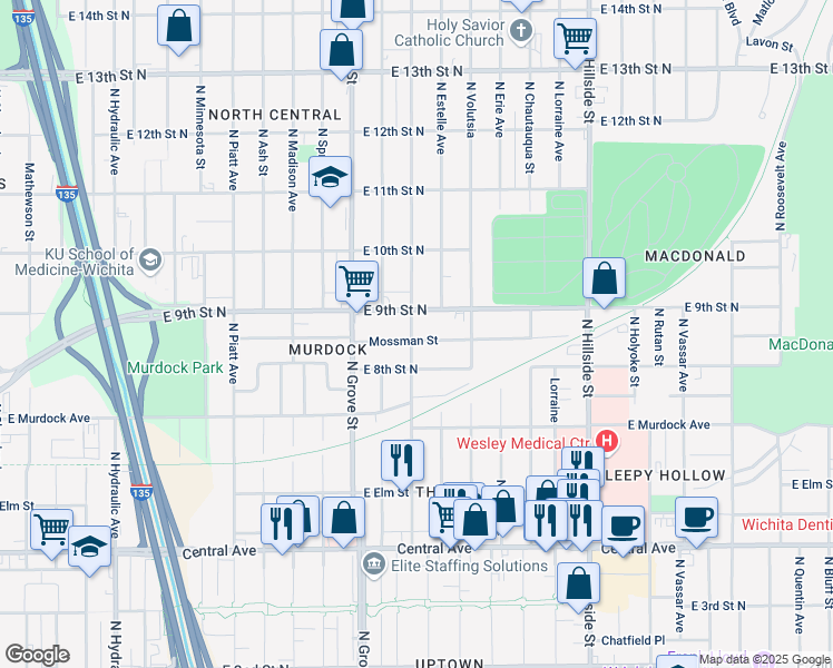 map of restaurants, bars, coffee shops, grocery stores, and more near 2628 East 8th Street North in Wichita
