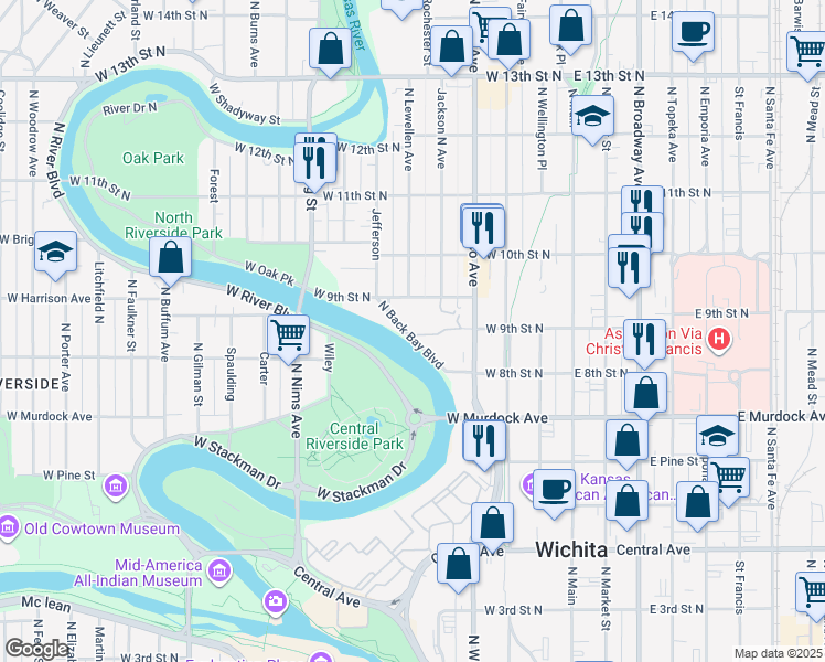 map of restaurants, bars, coffee shops, grocery stores, and more near 950 North Back Bay Boulevard in Wichita