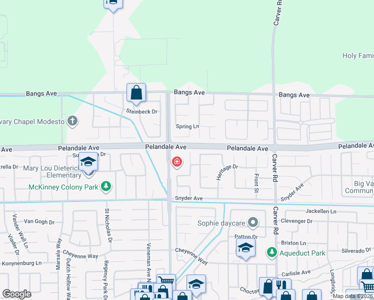 map of restaurants, bars, coffee shops, grocery stores, and more near 4205 Ballard Circle in Modesto