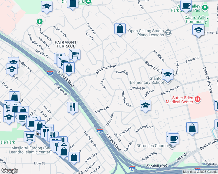 map of restaurants, bars, coffee shops, grocery stores, and more near 16533 Page Street in San Leandro