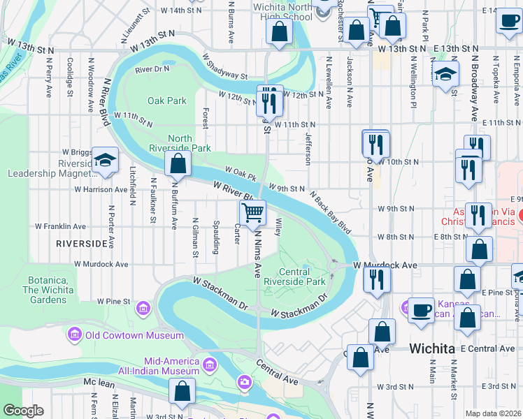 map of restaurants, bars, coffee shops, grocery stores, and more near 818 Franklin Street in Wichita