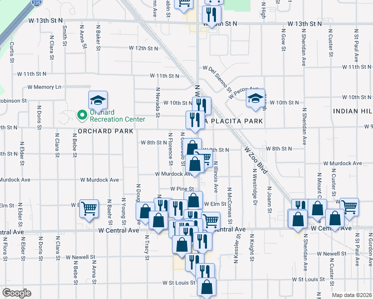 map of restaurants, bars, coffee shops, grocery stores, and more near 822 North Colorado Street in Wichita