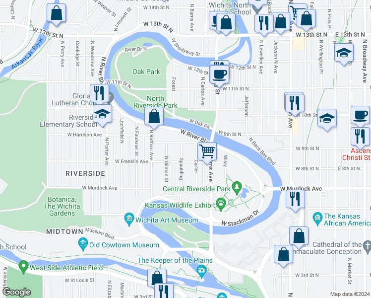 map of restaurants, bars, coffee shops, grocery stores, and more near 932 North Spaulding Avenue in Wichita