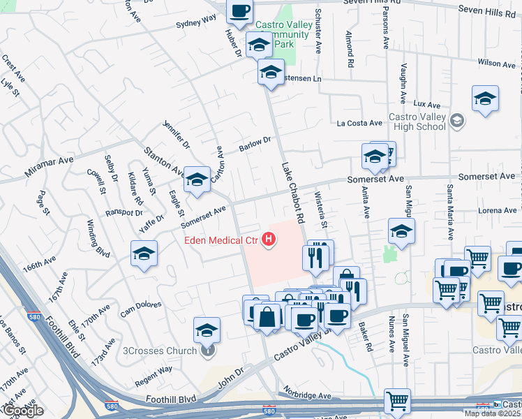 map of restaurants, bars, coffee shops, grocery stores, and more near 19770 Sprague Court in Castro Valley