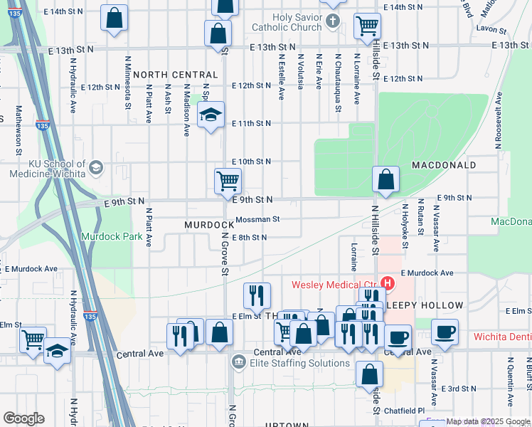 map of restaurants, bars, coffee shops, grocery stores, and more near 2628 East 8th Street North in Wichita