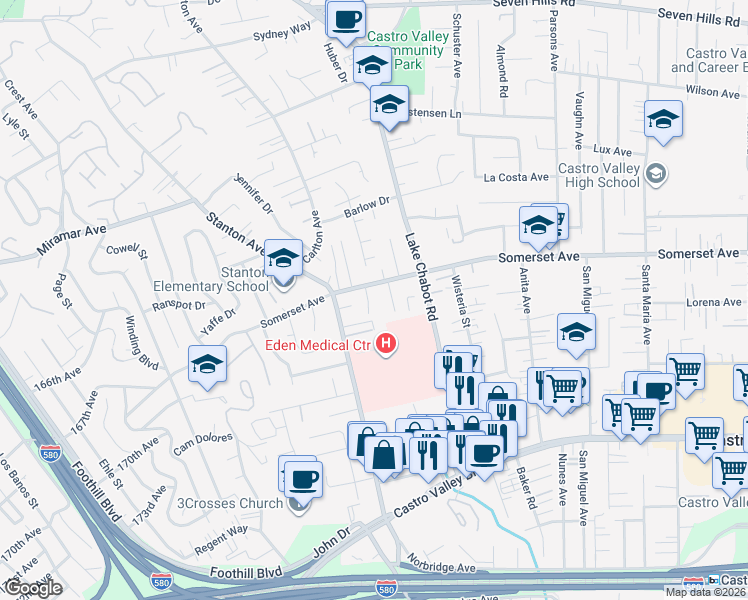 map of restaurants, bars, coffee shops, grocery stores, and more near 19770 Sprague Court in Castro Valley
