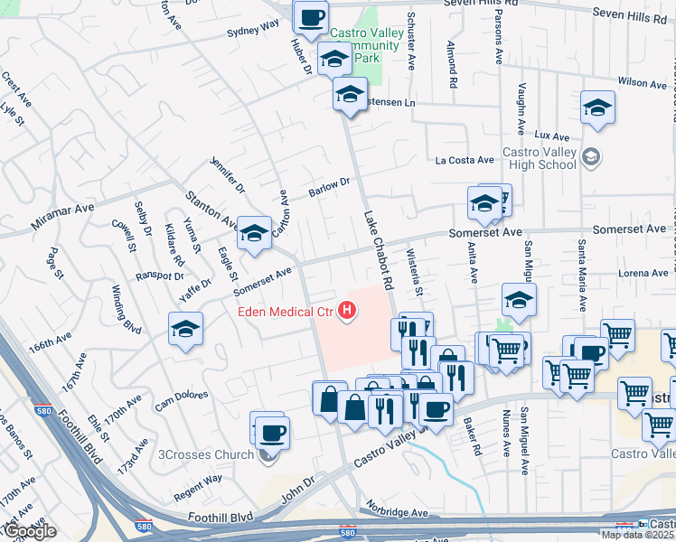 map of restaurants, bars, coffee shops, grocery stores, and more near 19770 Sprague Court in Castro Valley