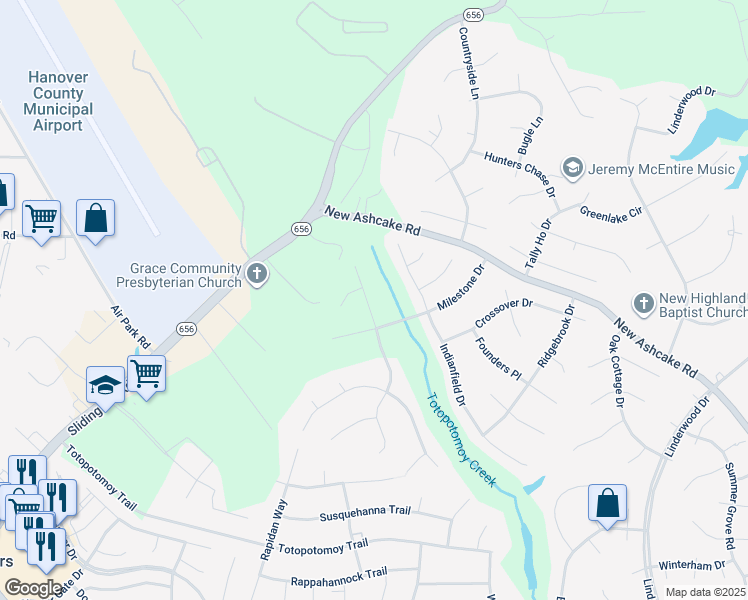 map of restaurants, bars, coffee shops, grocery stores, and more near 11170 Manor View Drive in Mechanicsville