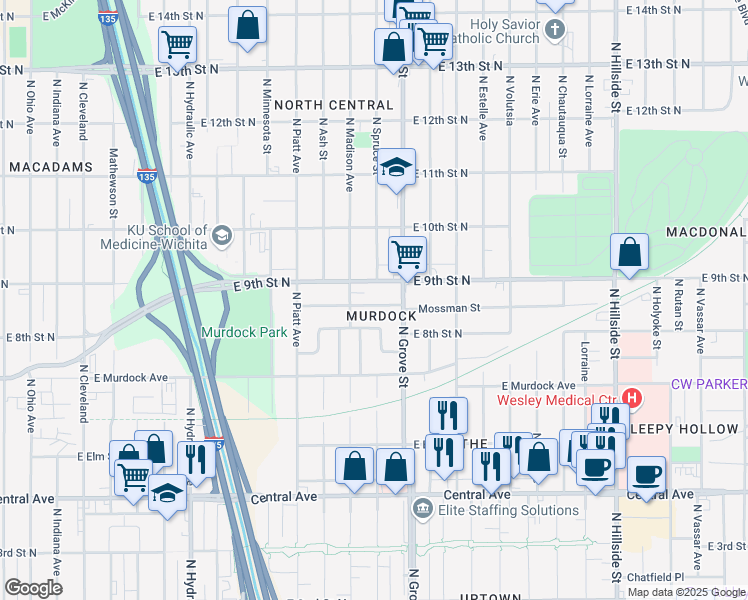 map of restaurants, bars, coffee shops, grocery stores, and more near 2226 East Mossman Street in Wichita