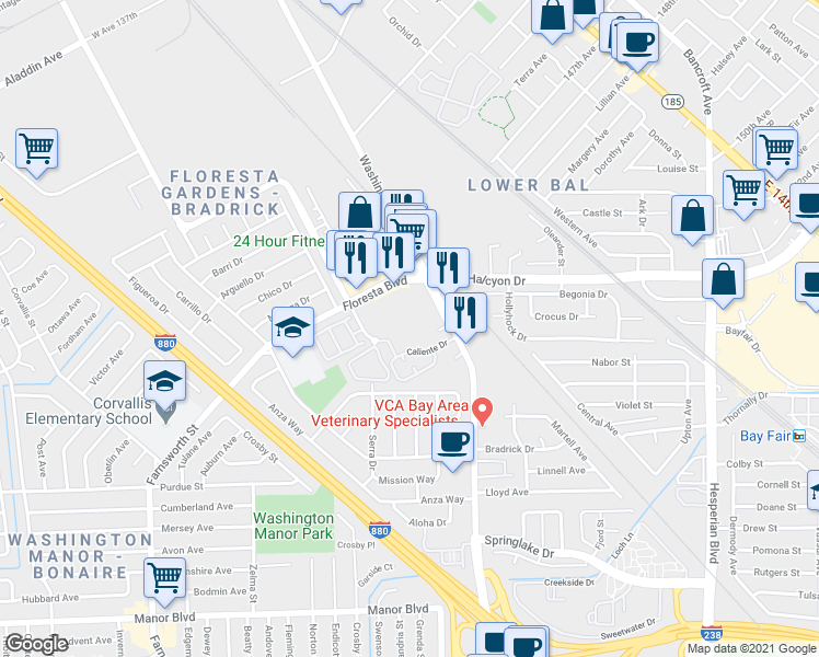 map of restaurants, bars, coffee shops, grocery stores, and more near 250 Floresta Boulevard in San Leandro