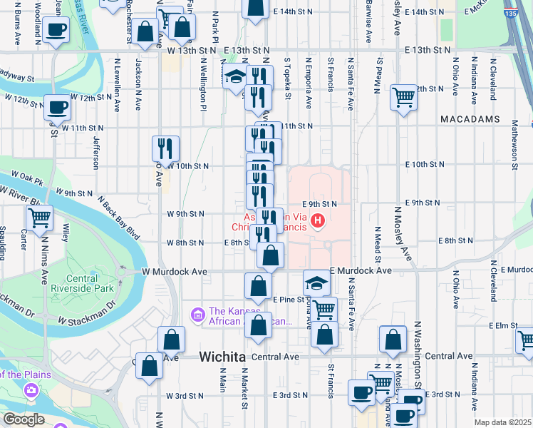 map of restaurants, bars, coffee shops, grocery stores, and more near North Broadway Street & East 9th Street North in Wichita
