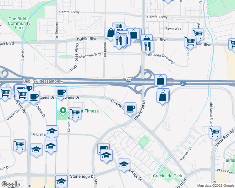 map of restaurants, bars, coffee shops, grocery stores, and more near 4500 Owens Drive in Pleasanton