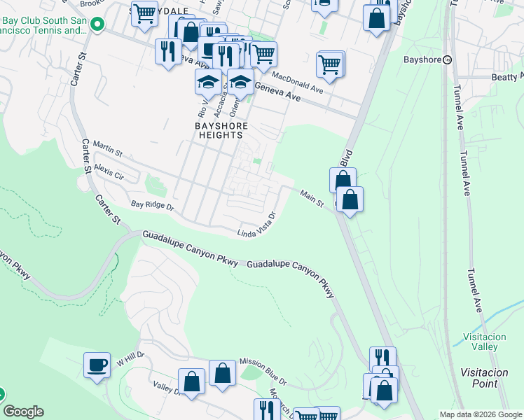 map of restaurants, bars, coffee shops, grocery stores, and more near 16 Brandon Court in Daly City