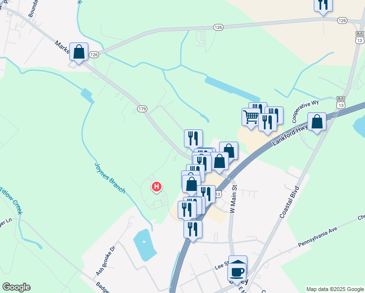 map of restaurants, bars, coffee shops, grocery stores, and more near 20485 Market Street in Onancock