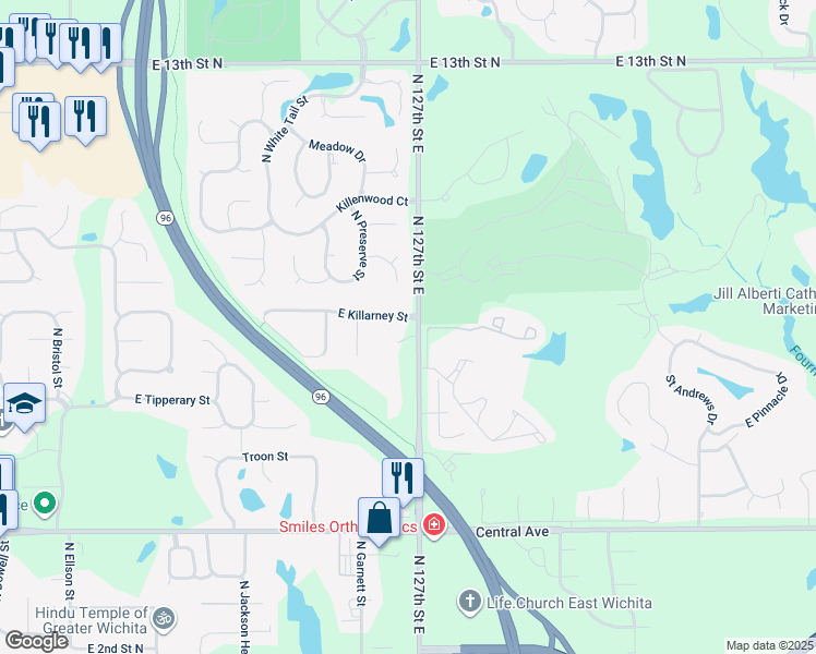 map of restaurants, bars, coffee shops, grocery stores, and more near 955-1019 N 127th St E in Wichita