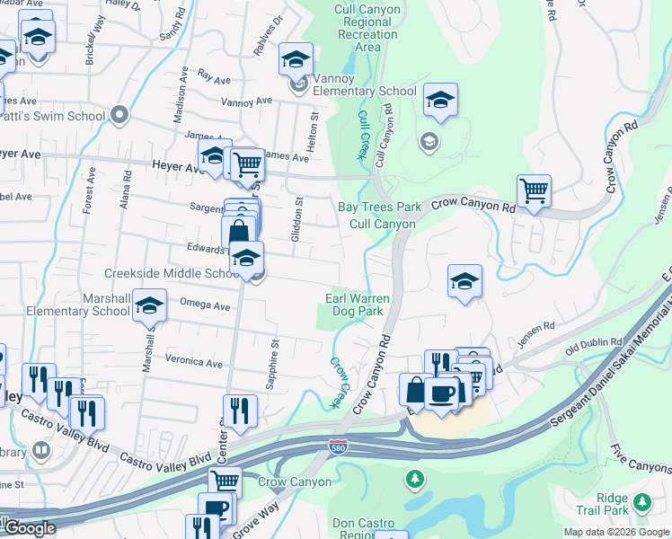map of restaurants, bars, coffee shops, grocery stores, and more near 19318 Parkview Road in Castro Valley