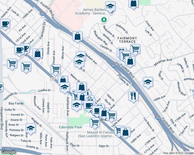 map of restaurants, bars, coffee shops, grocery stores, and more near 1671 162nd Avenue in San Leandro