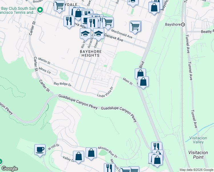 map of restaurants, bars, coffee shops, grocery stores, and more near 16 Brandon Court in Daly City