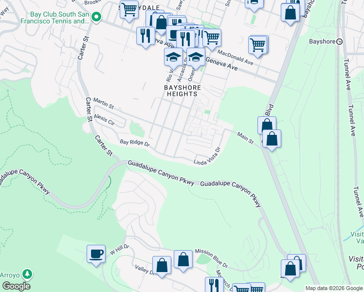map of restaurants, bars, coffee shops, grocery stores, and more near 1 Martin Court in Daly City