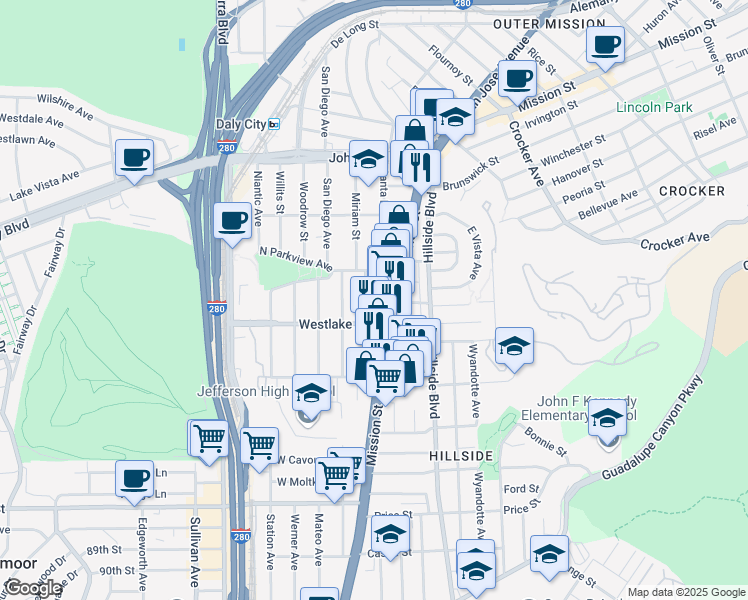map of restaurants, bars, coffee shops, grocery stores, and more near 21 Parkview Avenue in Daly City