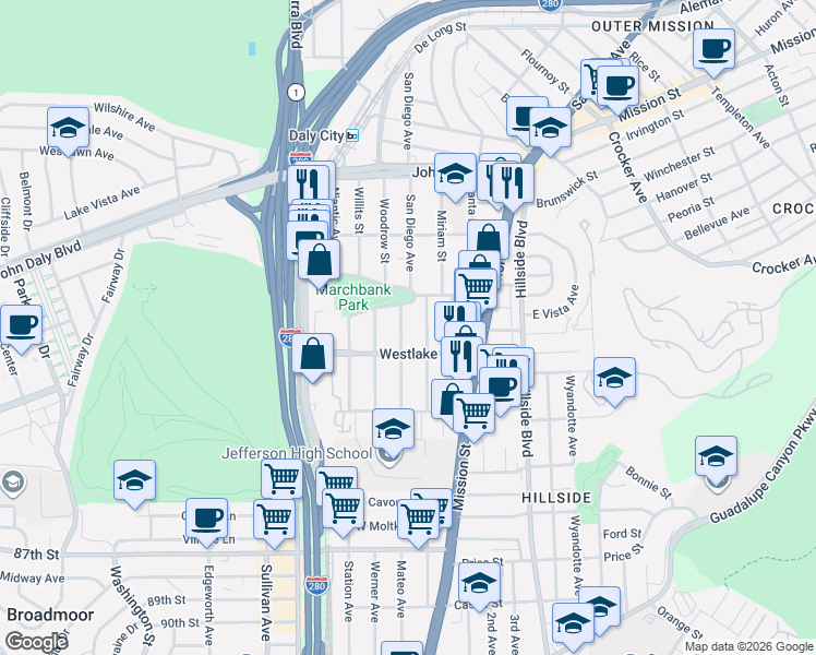 map of restaurants, bars, coffee shops, grocery stores, and more near 201 Parkview Avenue in Daly City