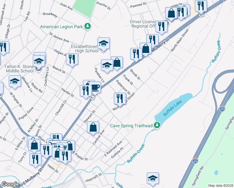 map of restaurants, bars, coffee shops, grocery stores, and more near 125 James Street in Elizabethtown