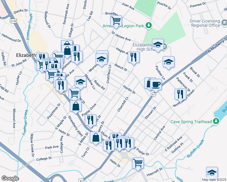 map of restaurants, bars, coffee shops, grocery stores, and more near 312 Jefferson Street in Elizabethtown