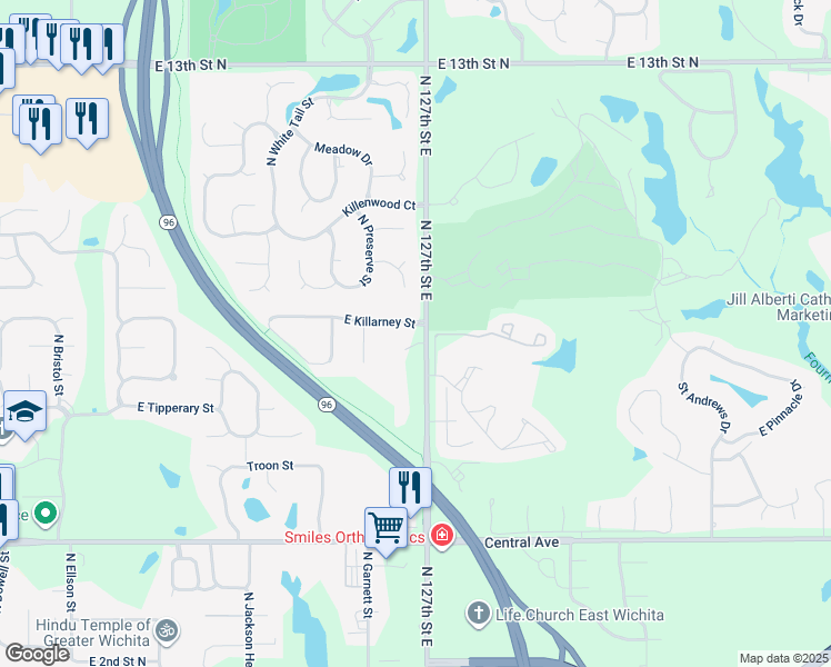 map of restaurants, bars, coffee shops, grocery stores, and more near 955-1019 N 127th St E in Wichita