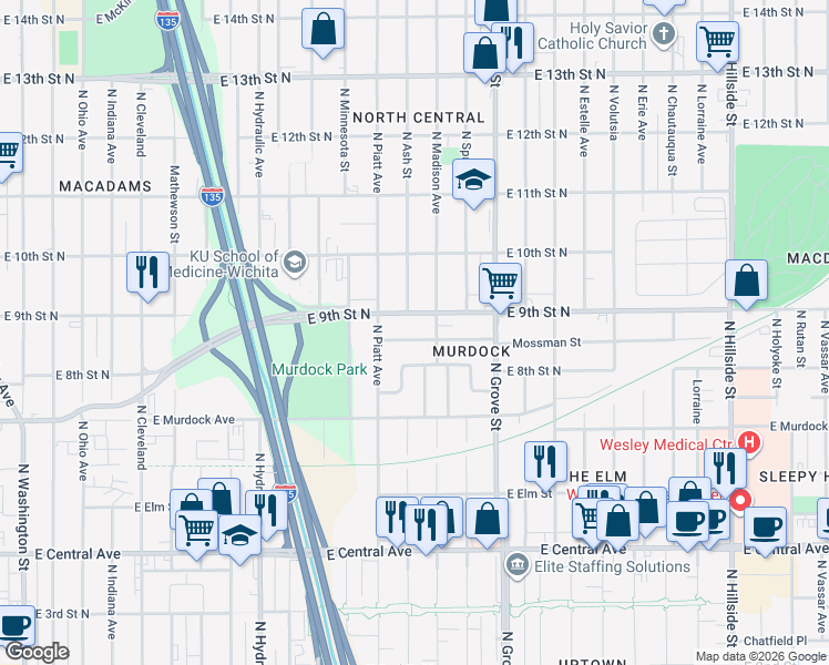 map of restaurants, bars, coffee shops, grocery stores, and more near 2114 East 9th Street North in Wichita