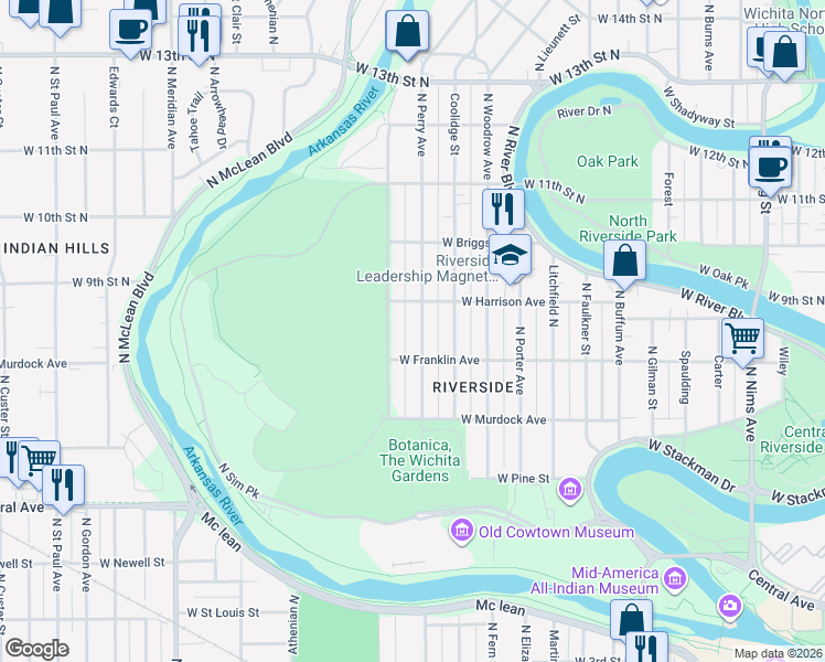 map of restaurants, bars, coffee shops, grocery stores, and more near 953 North Perry Avenue in Wichita