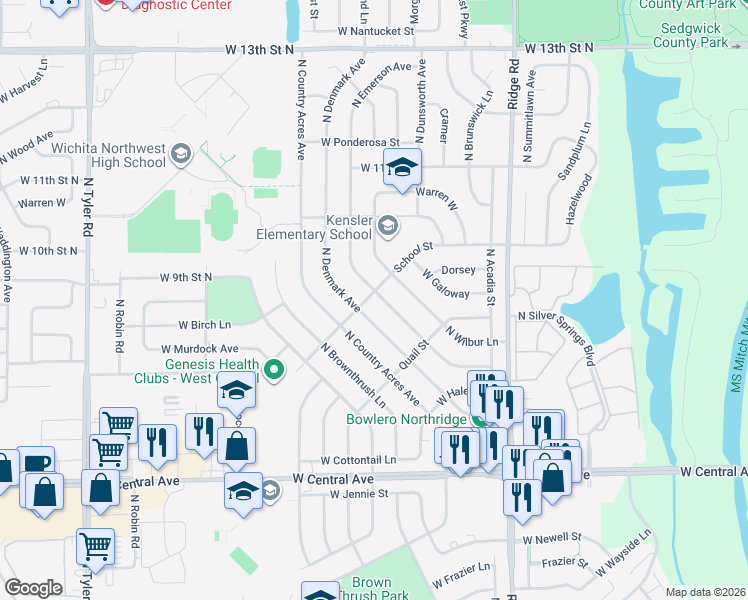 map of restaurants, bars, coffee shops, grocery stores, and more near 988 Emerson in Wichita